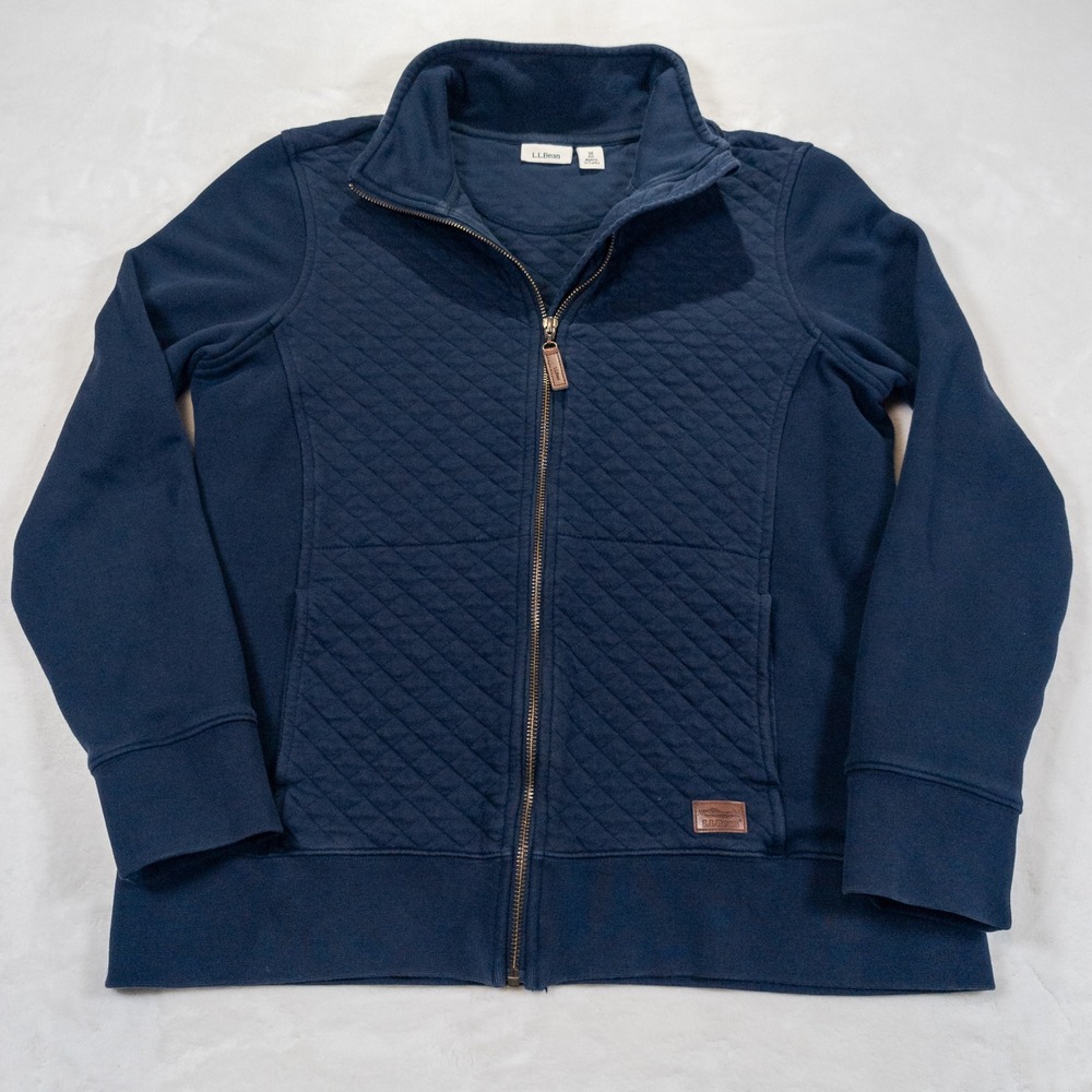 L.L. Bean Quilted Full-Zip Sweatshirt Women M Blue Mock Neck Athleisure Cabin